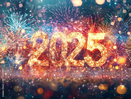 Vibrant '2025' celebration with bold glowing text surrounded by colorful fireworks and festive sparkles
