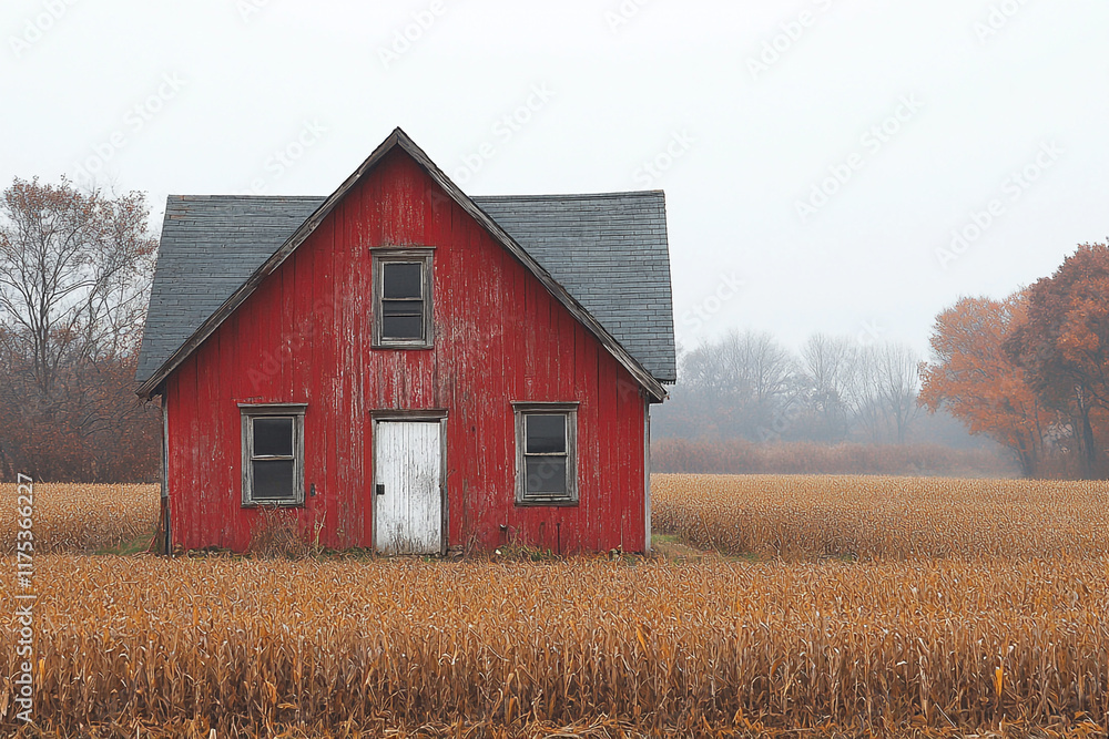 Obraz premium Red Barn Stands in Autumn Cornfield