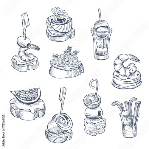 A set of hand drawn appetizers and canapes in a linear style. Finger food with various ingredients. Vector illustration