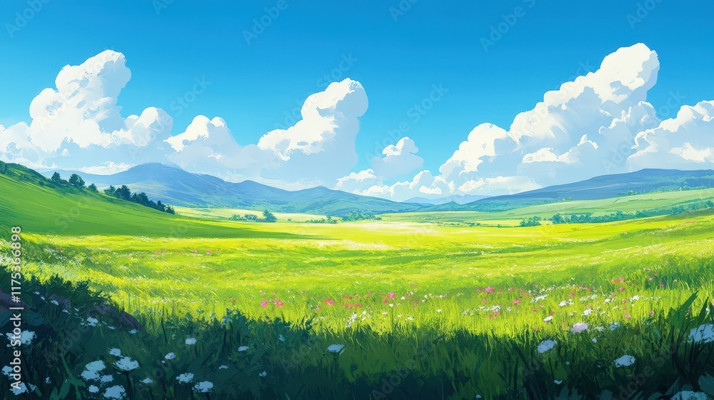 Obraz premium Sunny Meadow Landscape With Rolling Hills And Fluffy Clouds