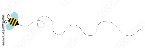 Cute simple vector of cartoon bee and track dashed line, curvy line illustration.
