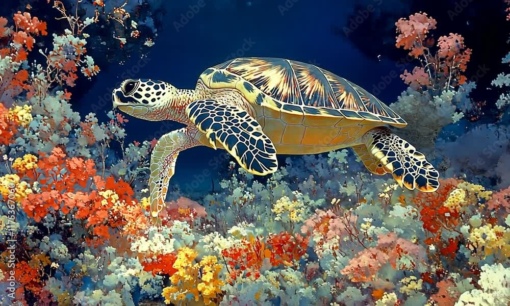 Majestic Sea Turtle Gracefully Navigating a Vibrant Coral Reef Under the Ocean's Surface Majestic Sea Turtle Gracefully Navigating a Vibrant Coral Reef Under the Ocean's Surface