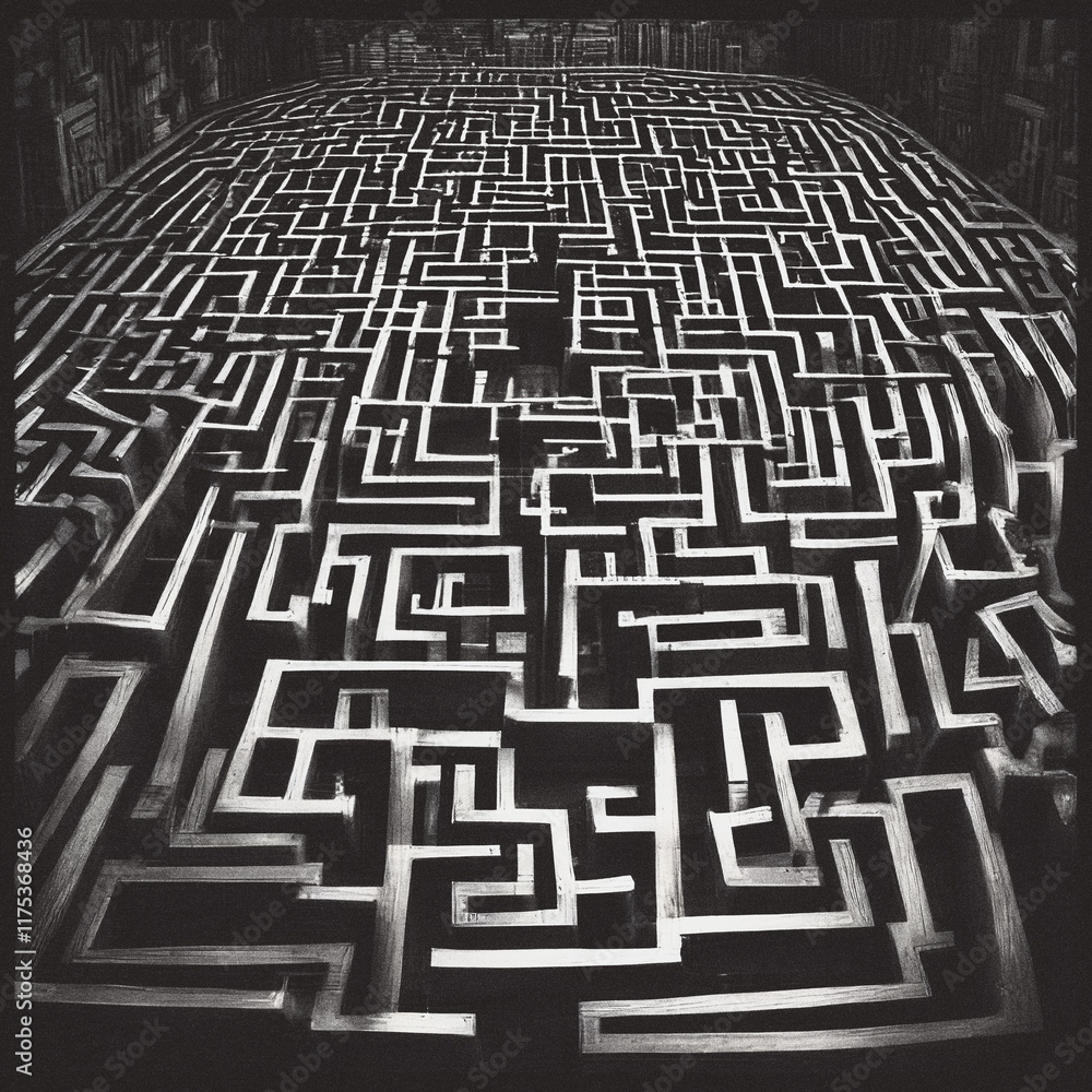 Abstract illustration of a labyrinth, maze. Creative digital art background. Textured with subtle light noise and dust. Can be used as a music album cover design. Or for a song single release, etc. Abstract illustration of a labyrinth, maze. Creative digital art background. Textured with subtle light noise and dust. Can be used as a music album cover design. Or for a song single release, etc.