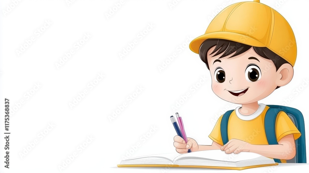 Happy young boy wearing a cap writing in a notebook with colorful pens in hand