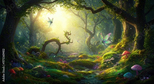 A digitally created image showcasing a magical forest brimming with glowing mushrooms and iridescent butterflies