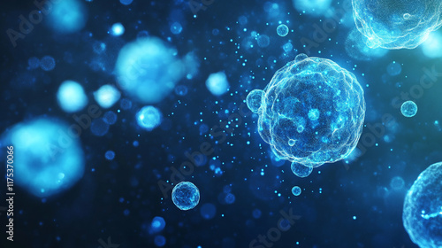 Wallpaper Mural The image shows a microscopic view of blue cells floating in a dark, starry background, resembling a space scene. Torontodigital.ca