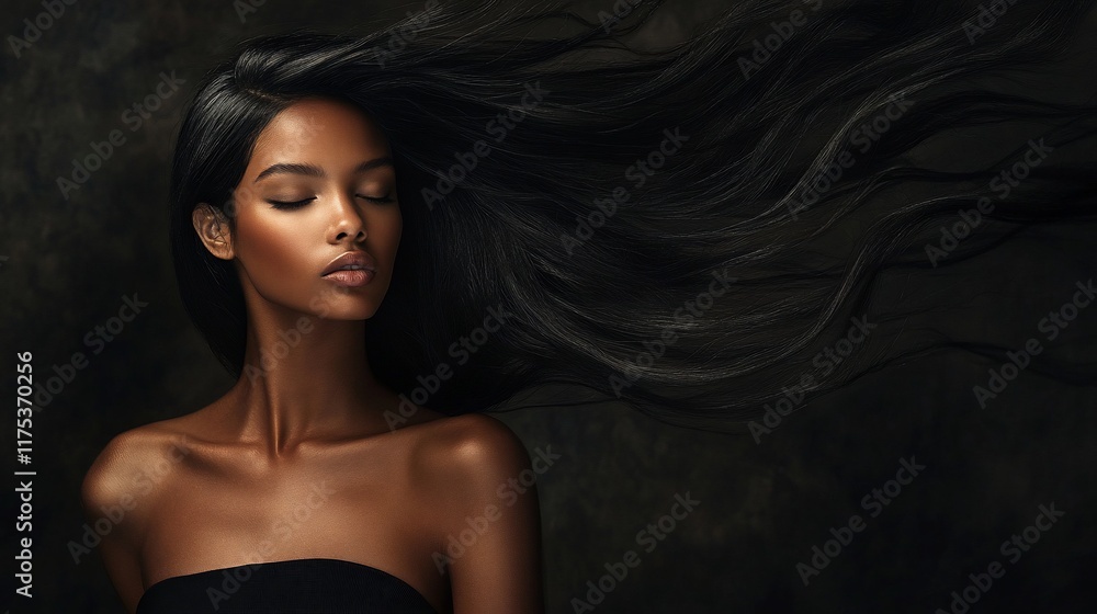 Serene Beauty: A Portrait of a Woman with Flowing Black Hair Serene Beauty: A Portrait of a Woman with Flowing Black Hair