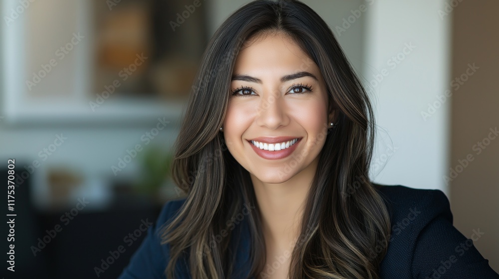 Close-up portrait features a young individual with a radiant smile, exuding confidence and warmth in a modern, professional setting. Soft lighting enhances their approachable demeanor Close-up portrait features a young individual with a radiant smile, exuding confidence and warmth in a modern, professional setting. Soft lighting enhances their approachable demeanor