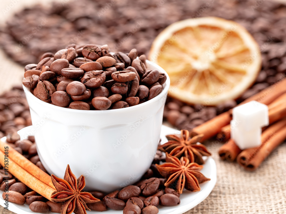 Aromatic coffee blend with spices and citrus garnishing at a cozy setting