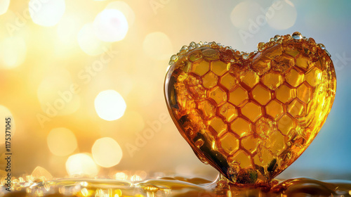 Heart-shaped honey symbolizing love and sweetness for valentine's day celebrations. Horizontal banner. Copy space. Heart made of hohey on a blurred background. World Bee Day photo