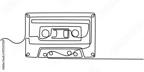 Old school audio cassette continuous line vector illustration, One continuous line drawing of audio cassette tape with notes. Retro and nostalgic music and mixtape concept for web banner in simple.