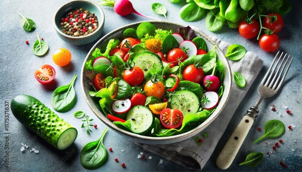 A fresh salad in a bowl featuring a mix of vibrant ingredients like lettuce tomatoes cucumbers carrots and olives. A fresh salad in a bowl featuring a mix of vibrant ingredients like lettuce tomatoes cucumbers carrots and olives.