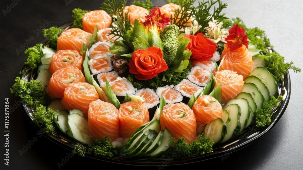 Fresh salmon sushi rolls with cucumber and cream cheese, placed on a dark plate with subtle garnishes. Fresh salmon sushi rolls with cucumber and cream cheese, placed on a dark plate with subtle garnishes.