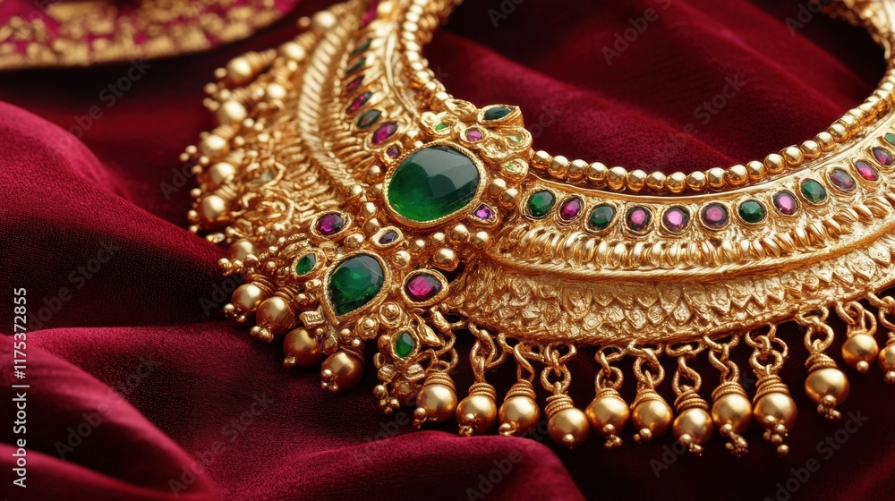 A luxurious gold necklace featuring gemstones displayed on a deep crimson velvet background A luxurious gold necklace featuring gemstones displayed on a deep crimson velvet background