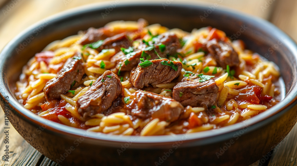 Hearty beef stew with orzo and vegetables served in a rustic bowl on a wooden table Hearty beef stew with orzo and vegetables served in a rustic bowl on a wooden table