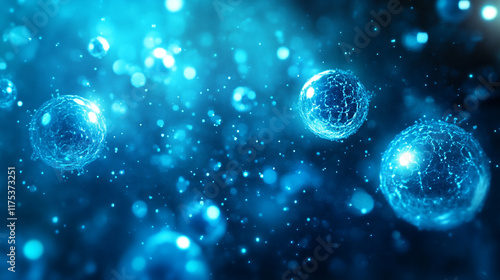 Wallpaper Mural The image shows a microscopic view of blue cells floating in a dark, starry background, resembling a space scene. Torontodigital.ca