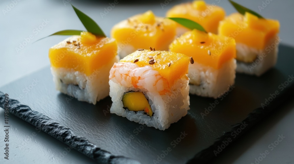 Gourmet sushi rolls with unique fillings like mango and shrimp, arranged neatly on a smooth black slate plate. Gourmet sushi rolls with unique fillings like mango and shrimp, arranged neatly on a smooth black slate plate.