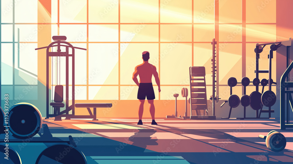 Obraz premium Man in the gym, professional fitness athlete in the gym, healthy way of life, gym and fitness equipment, indoor sport, vector art poster, health poster, ultra high resolution