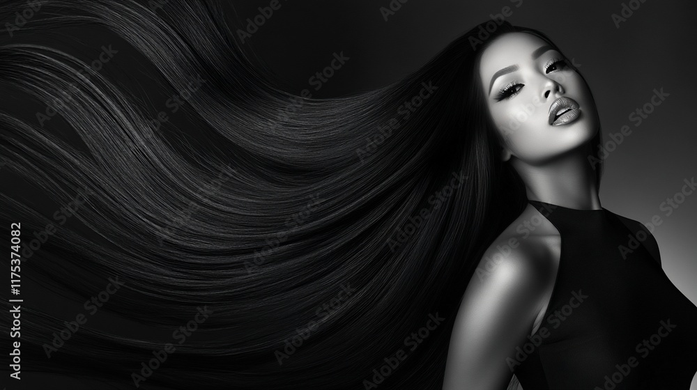 Naklejka premium Elegant Black and White Portrait of a Woman with Long, Flowing Hair