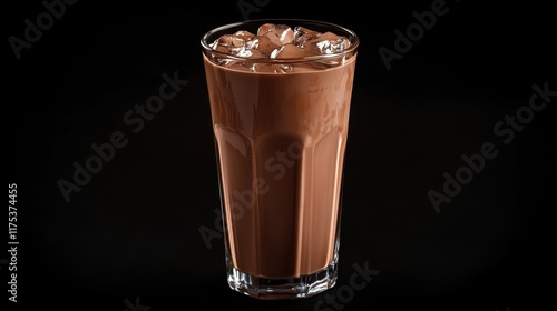 Iced coffee with a rich, smooth texture, served in a tall glass with ice cubes, positioned against a dark, minimalist black background.