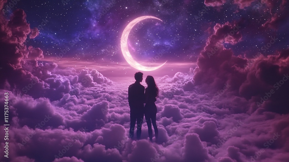 Fototapeta premium Celestial Romance: A Couple Silhouetted Against a Dreamlike Nightscape of Clouds and a Crescent Moon