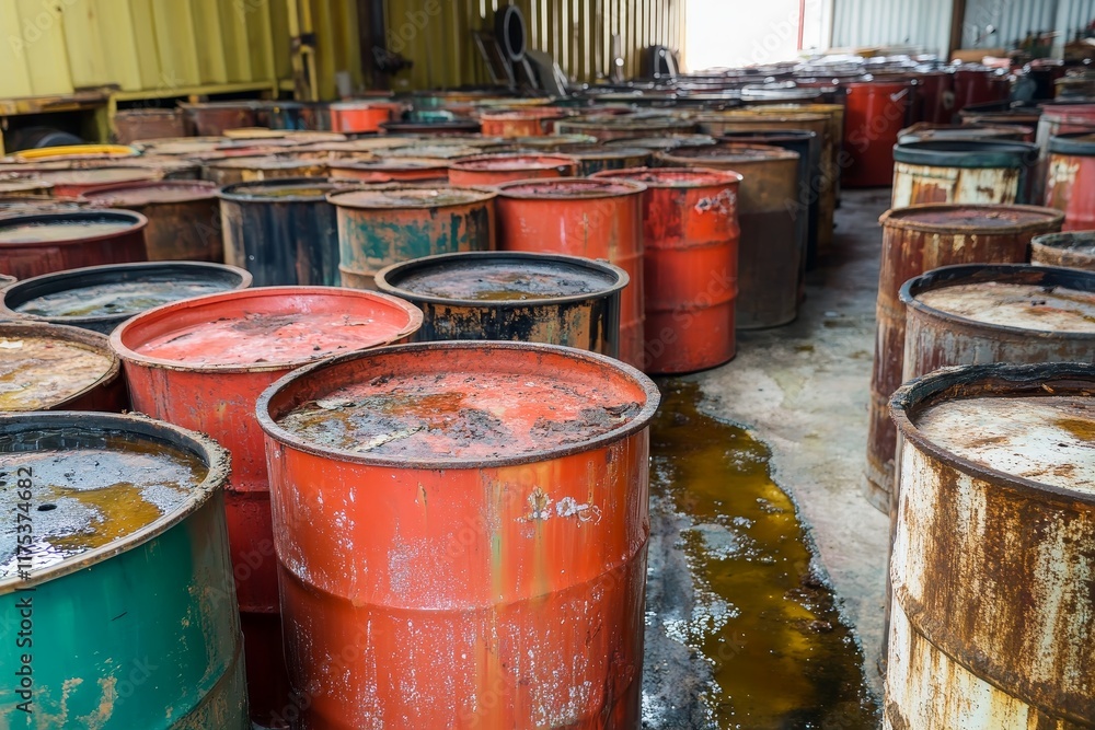 Toxic waste storage facility with poorly maintained containers with a risk of a major spill. Toxic waste storage facility with poorly maintained containers with a risk of a major spill.