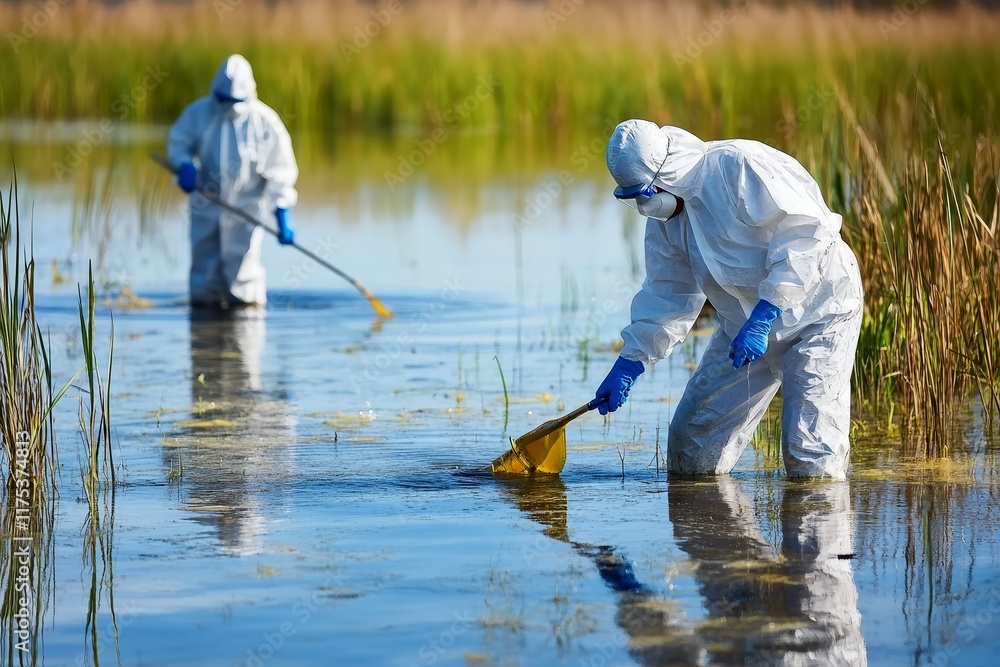 Workers in hazmat suits cleaning up a toxic waste spill. Workers in hazmat suits cleaning up a toxic waste spill.
