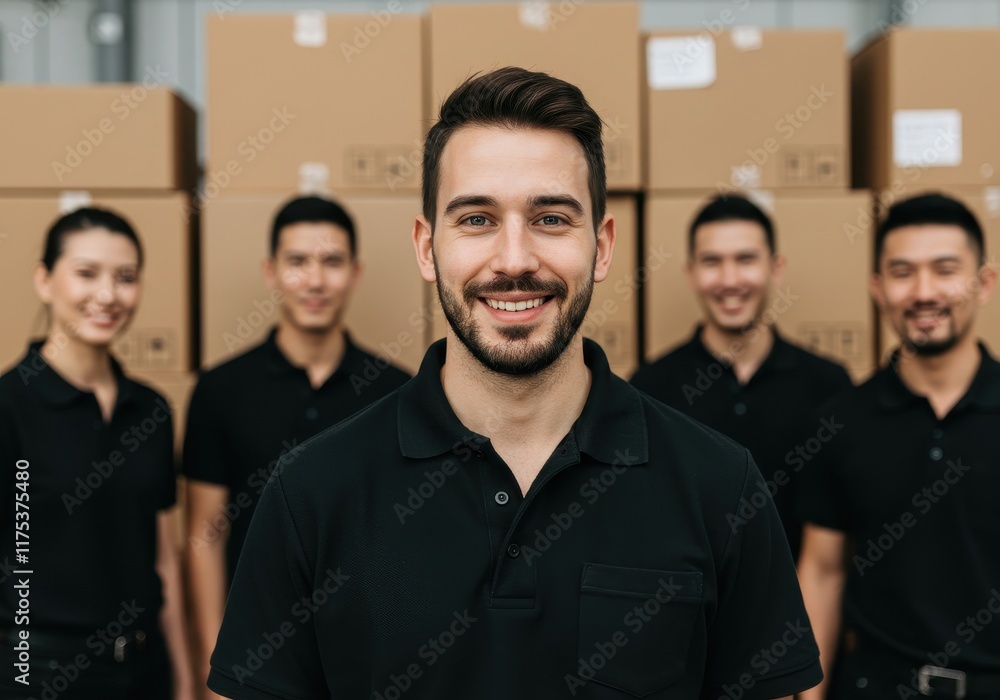 A group of delivery workers in black uniforms standing in front of stacked cardboard boxes A group of delivery workers in black uniforms standing in front of stacked cardboard boxes