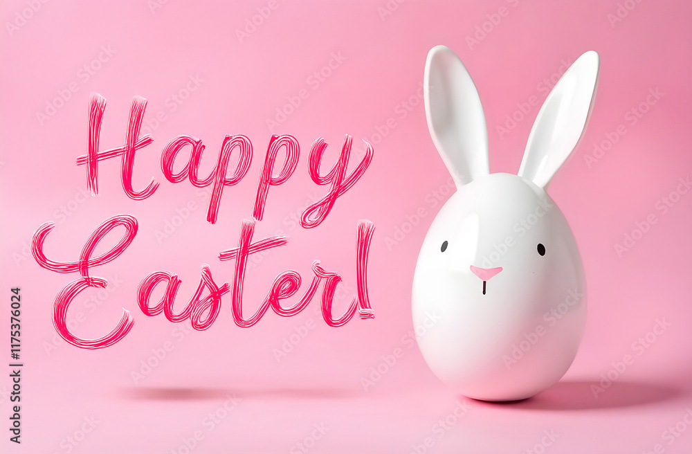 A charming white Easter bunny, creatively crafted from an egg, rests on a lovely pink background, enhancing the festive atmosphere