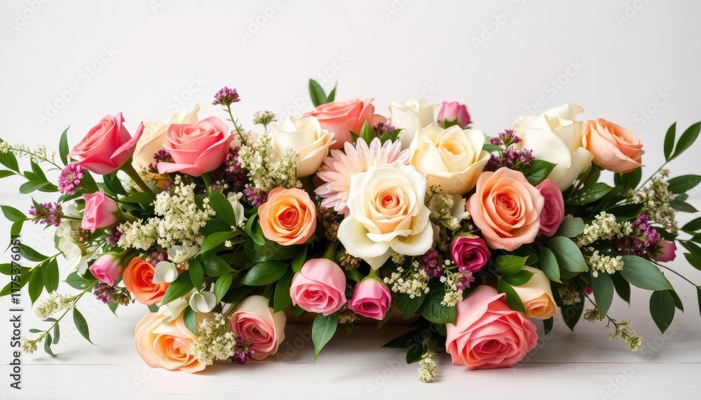Elegant floral centerpiece arrangement on light background. Possible use decorating, event, celebrations Elegant floral centerpiece arrangement on light background. Possible use decorating, event, celebrations