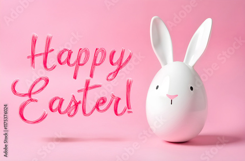 Obraz na płótnie A charming white Easter bunny, creatively crafted from an egg, rests on a lovely pink background, enhancing the festive atmosphere w salonie