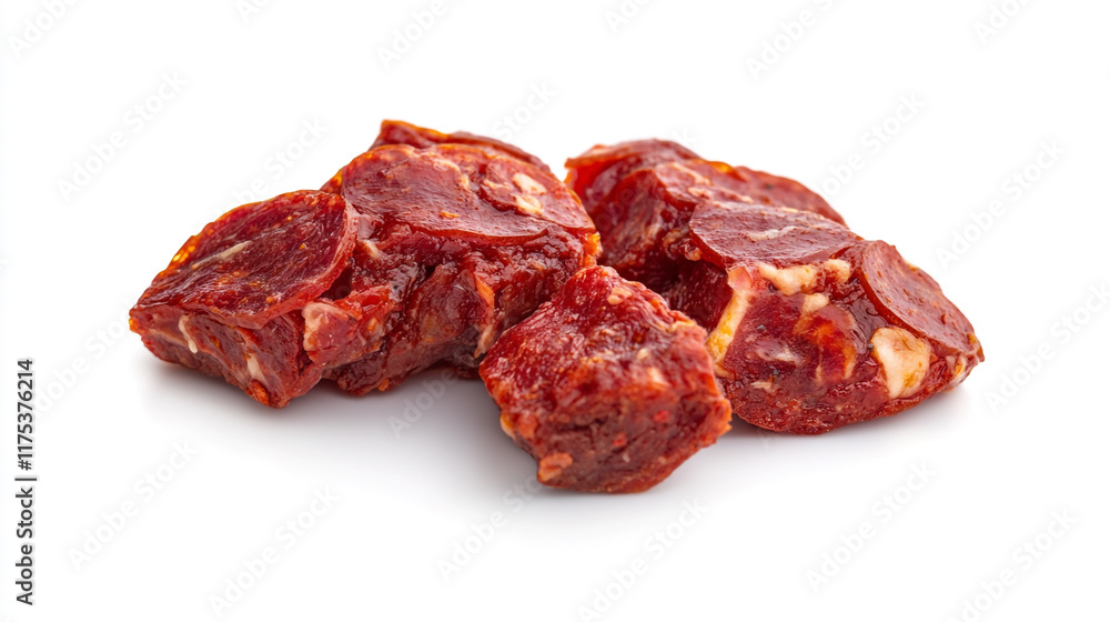 Chunks of dried chorizo arranged on a white background for culinary use Chunks of dried chorizo arranged on a white background for culinary use