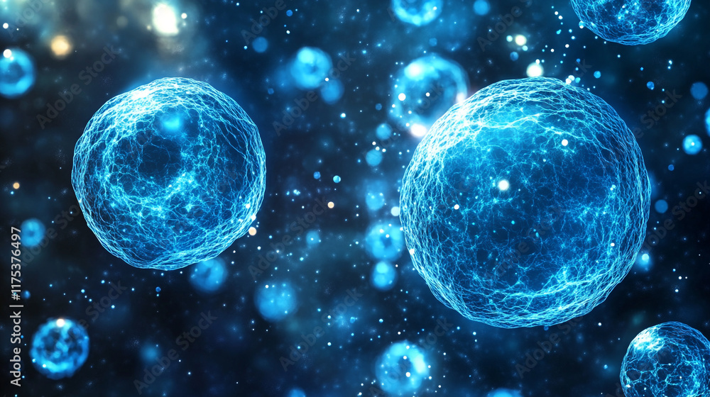 Naklejka premium The image shows a microscopic view of blue cells floating in a dark, starry background, resembling a space scene.