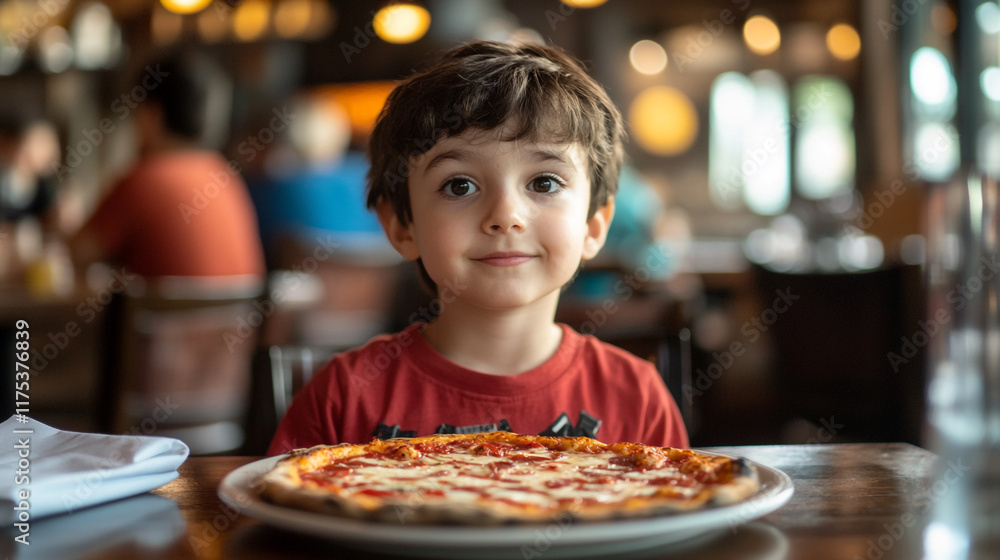 Young boy enjoys a pizza in a cozy restaurant setting during lunchtime with family Young boy enjoys a pizza in a cozy restaurant setting during lunchtime with family