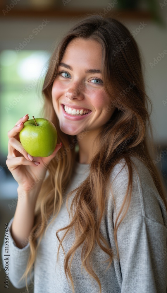 A cheerful young woman with long, wavy hair beams at the camera while holding a vibrant green apple. Her joyful expression radiates health and positivity, inviting viewers to embrace a fresh lifestyle A cheerful young woman with long, wavy hair beams at the camera while holding a vibrant green apple. Her joyful expression radiates health and positivity, inviting viewers to embrace a fresh lifestyle