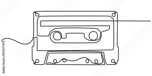Old school audio cassette continuous line vector illustration, One continuous line drawing of audio cassette tape with notes. Retro and nostalgic music and mixtape concept for web banner in simple.