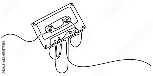 Old school audio cassette continuous line vector illustration, One continuous line drawing of audio cassette tape with notes. Retro and nostalgic music and mixtape concept for web banner in simple.