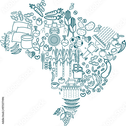 Map of Brazil formed by icons related to Food Production - Seed, vegetables and fruits, plantation and final product