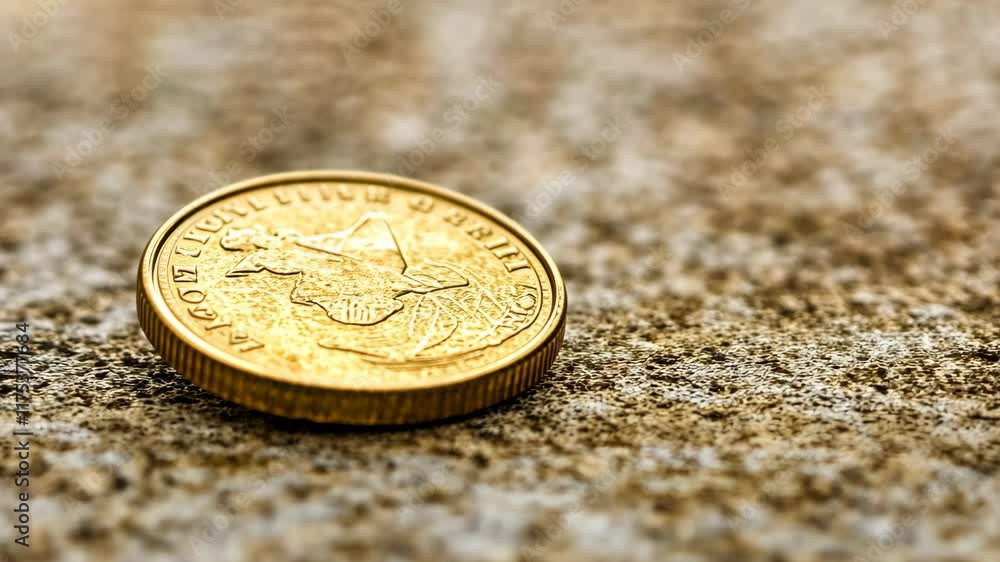 Gold coin resting on textured surface with intricate design visible during daylight Gold coin resting on textured surface with intricate design visible during daylight