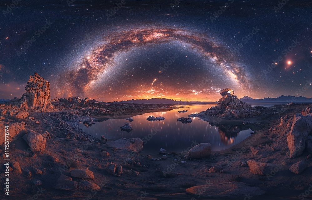Alien Planet Sunset: Serenity's Rocky Shores Reflect Galactic Nebula, Starry Night Sky Above Alien Planet Sunset: Serenity's Rocky Shores Reflect Galactic Nebula, Starry Night Sky Above