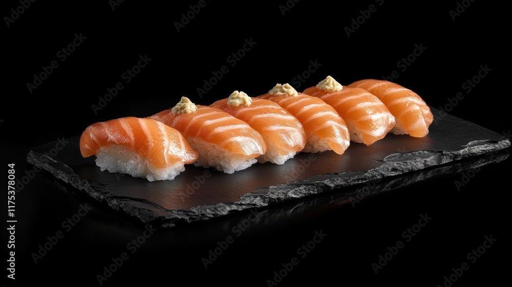 Salmon nigiri and maki rolls arranged on a black slate platter, styled with dramatic lighting and minimal garnish. Salmon nigiri and maki rolls arranged on a black slate platter, styled with dramatic lighting and minimal garnish.