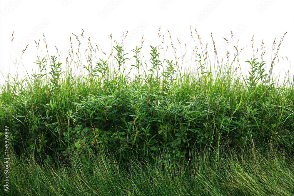 Obraz premium Lush Green Grass and Wildflowers Isolated on White