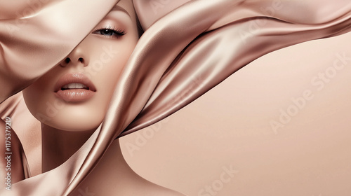 girl face with lips with silk fabric beige for cosmetics advertising