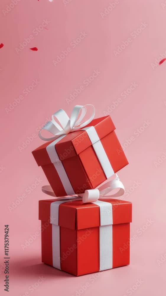 two gift boxes with bows on a pink background and a shower of heart-shaped paper confetti. Concept holidays, Valentine's Day and special occasion gifts two gift boxes with bows on a pink background and a shower of heart-shaped paper confetti. Concept holidays, Valentine's Day and special occasion gifts