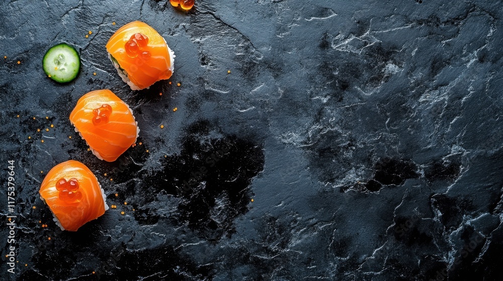Salmon sushi rolls with bright orange fish, rice, and cucumber, beautifully styled on a black slate surface. Salmon sushi rolls with bright orange fish, rice, and cucumber, beautifully styled on a black slate surface.