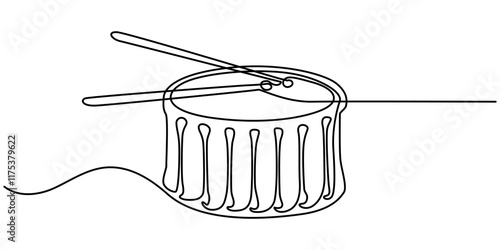 One single line drawing of little drum with drum sticks. Percussion music instruments concept. Dynamic continuous line draw design graphic vector illustration, One line drawing drum with two sticks.