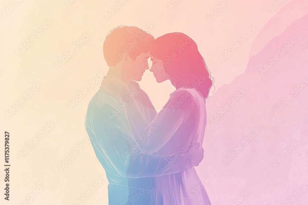 A minimalist drawing of a couple embracing, with soft pastel colors in the background Valentine’s Day card A minimalist drawing of a couple embracing, with soft pastel colors in the background Valentine’s Day card