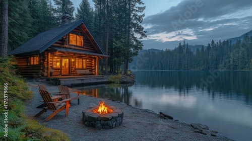 Lakeside log cabin at dusk with fire pit.