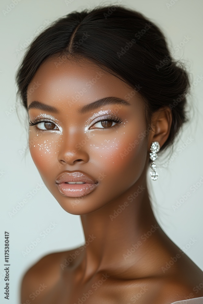 Naklejka premium model with sleek and brown skin, shiny hair in an elegant updo hairstyle and silver glitter eyeshadow on her brown eyes, wearing diamond earrings