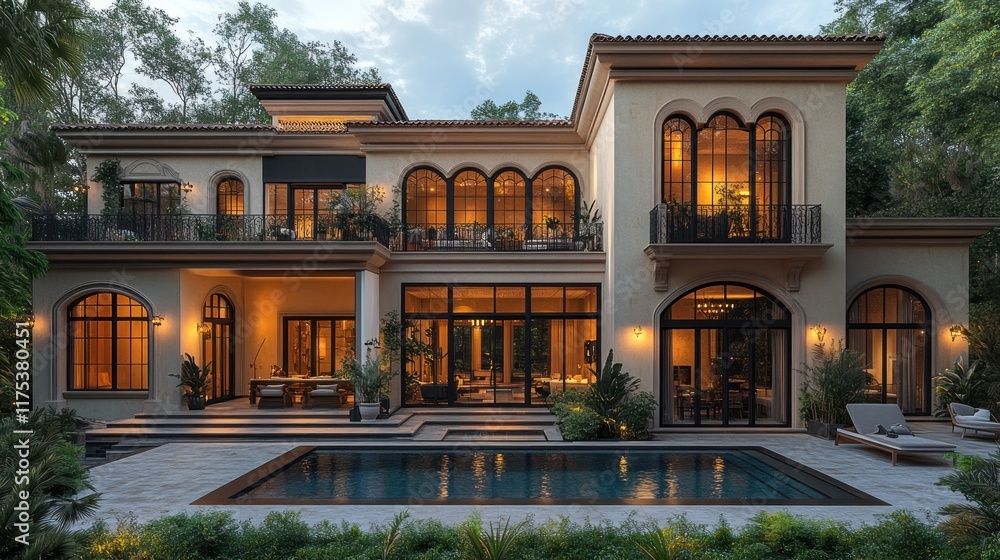 Naklejka premium Dusk view of illuminated mansion.